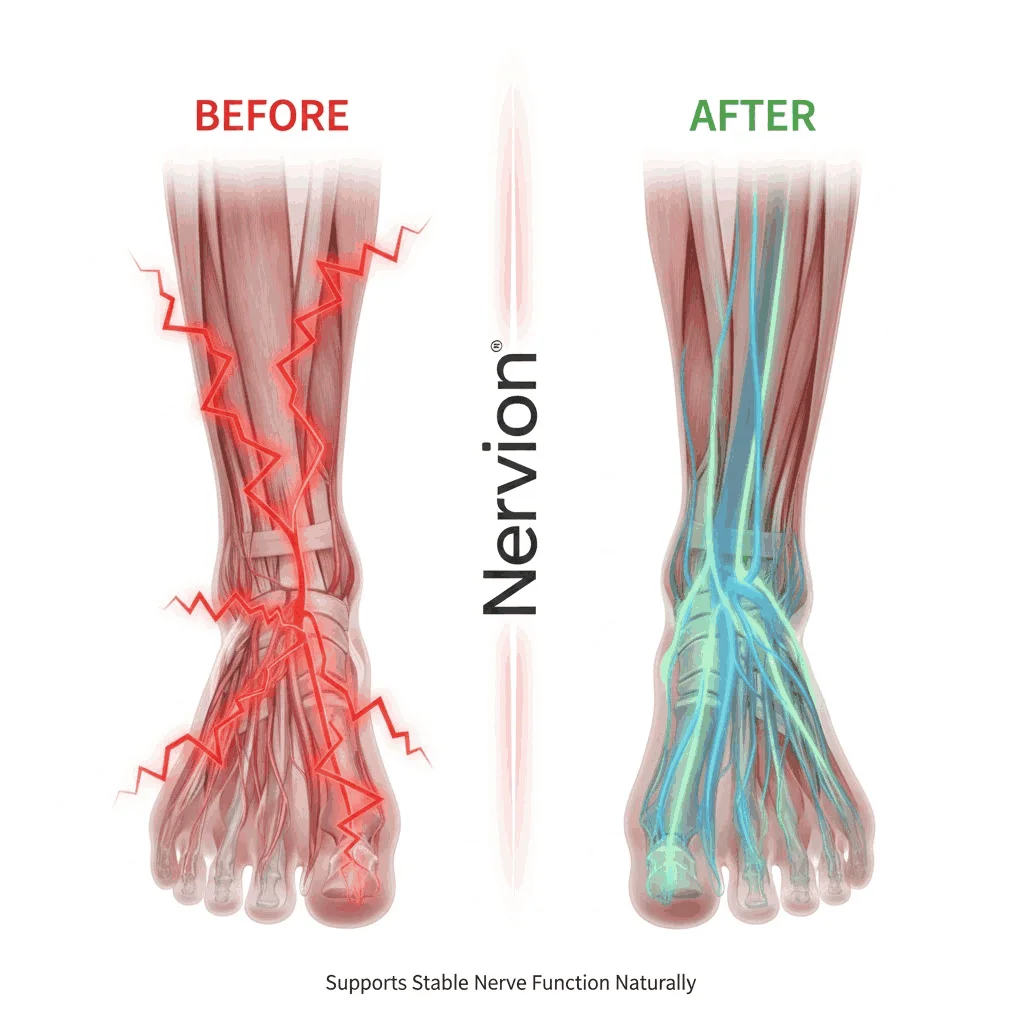 Conceptual diagram illustrating nerve fiber condition without and with targeted nutritional nourishment from Nervion