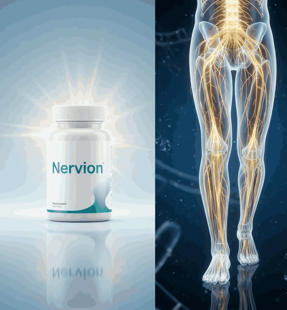Nervion supplement bottle alongside nerve system diagram illustrating five neurological support pathways