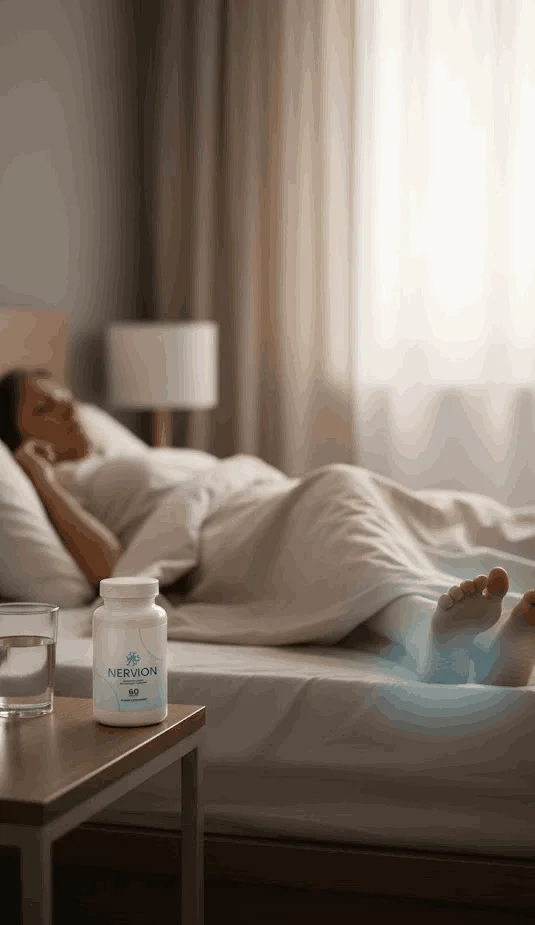 Relaxed woman enjoying daily comfort with Nervion nerve wellness supplement nearby
